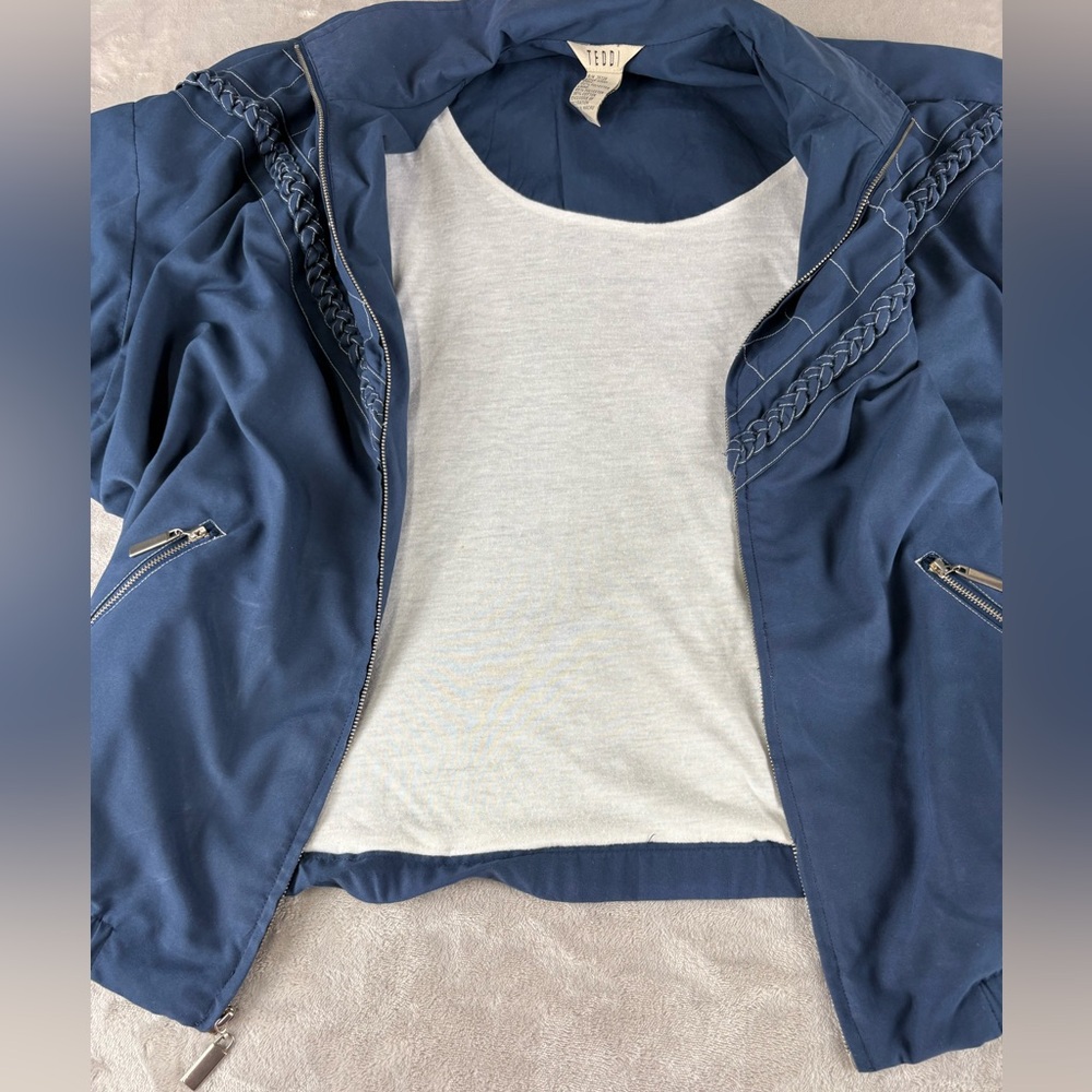 Vintage 80s 90s Teddi Women’s Blue Cropped Jacket Size L Quilted Chain Detail - Picture 8 of 9